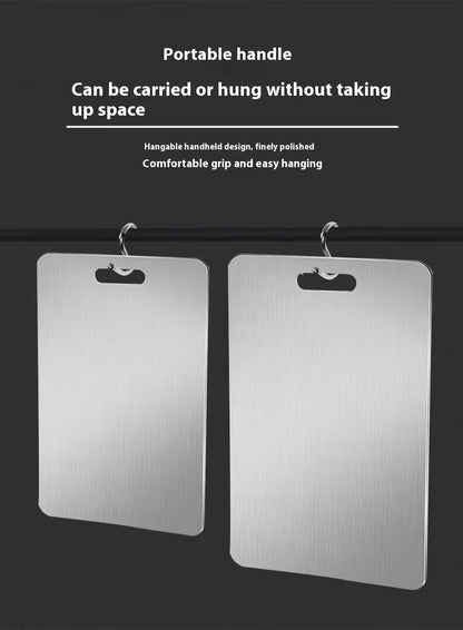 Two metallic boards with handles on a black background, featuring text about their portable design.