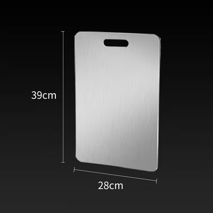 Stainless steel cutting board with dimensions on a black background