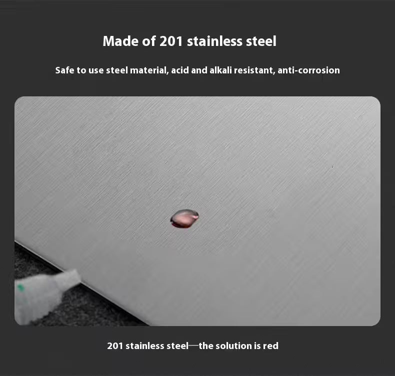 201 stainless steel material with a droplet of red liquid on a gray background
