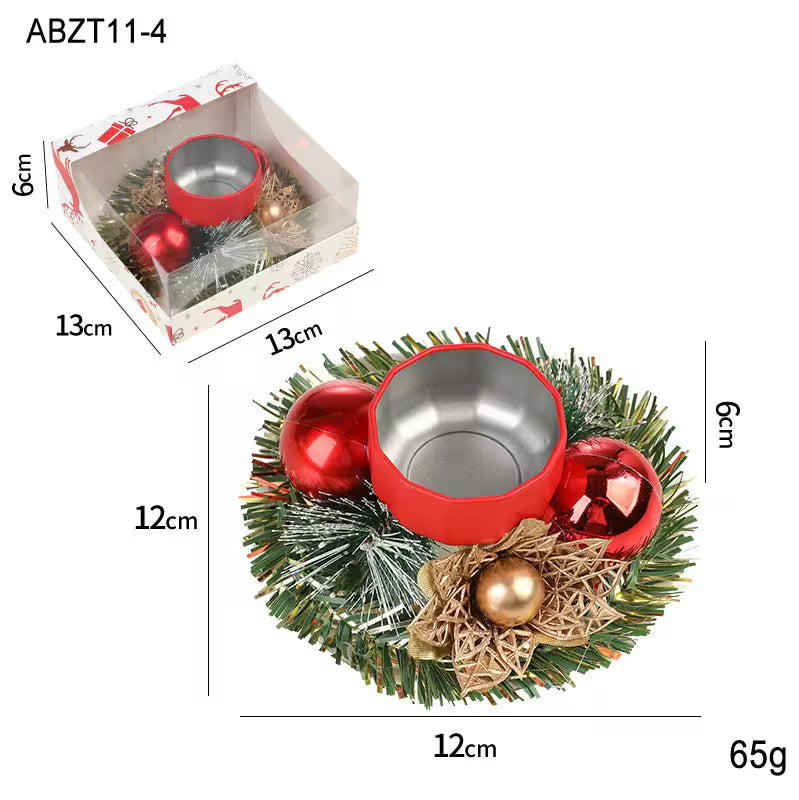 Decorative Christmas wreath with red bowls and ornaments, shown with measurements and weight.