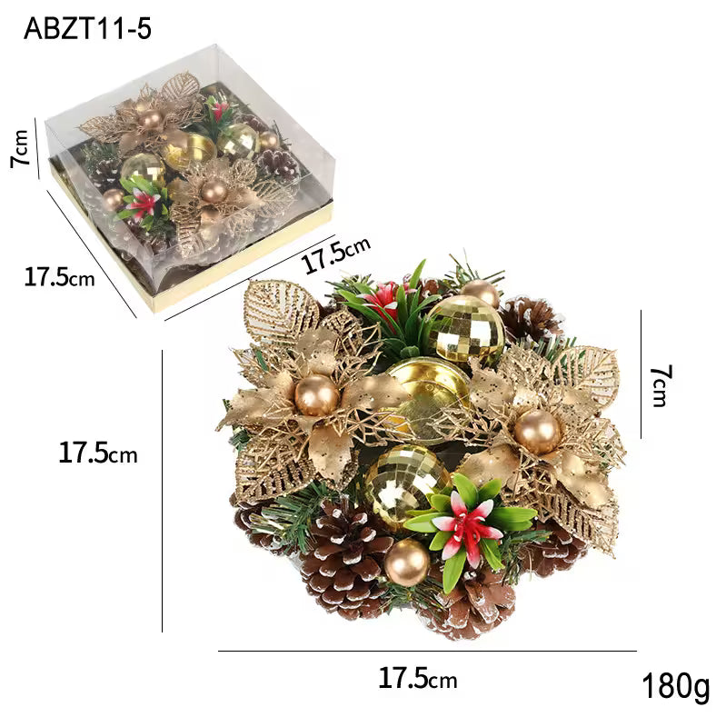 Decorative wreath with gold ornaments, pinecones, and leaves with measurements and weight displayed.