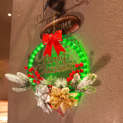 Decorative wreath with 'Merry Christmas' text, red bow, and green lights on a textured wall.