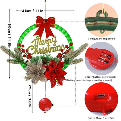 Christmas wreath decoration with measurements and battery details on a white background