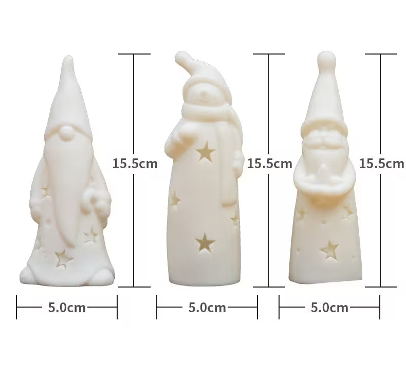 Three white gnome figurines with star designs, each 15.5cm tall and 5.0cm wide, on a white background.