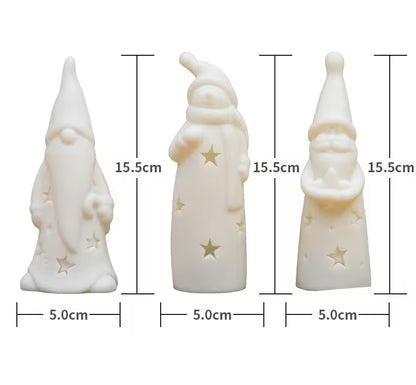 Three white gnome figurines with star designs, each 15.5cm tall and 5.0cm wide, on a white background.