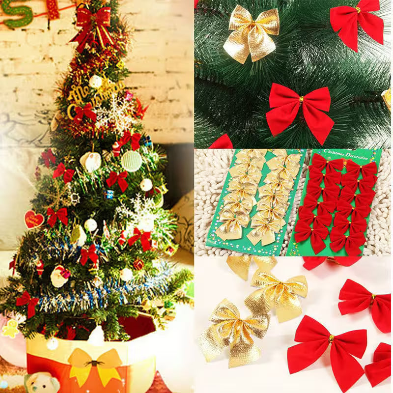 Collage of Christmas tree with red and gold bows, close-up of bows on a tree, and red and gold bows on a card.