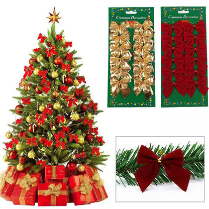 Decorated Christmas tree with red and gold bows, presents, and two packages of decorative bows on a white background.