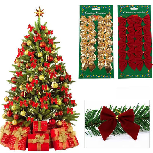 Decorated Christmas tree with red and gold bows, presents, and two packages of decorative bows on a white background.