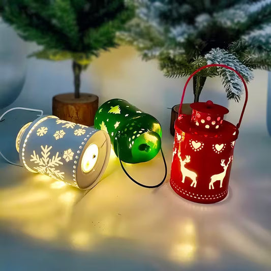 Decorative lanterns with LED lights on a surface with a blurred background