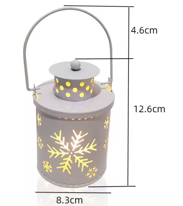 Gray lantern with snowflake design and measurements on a white background