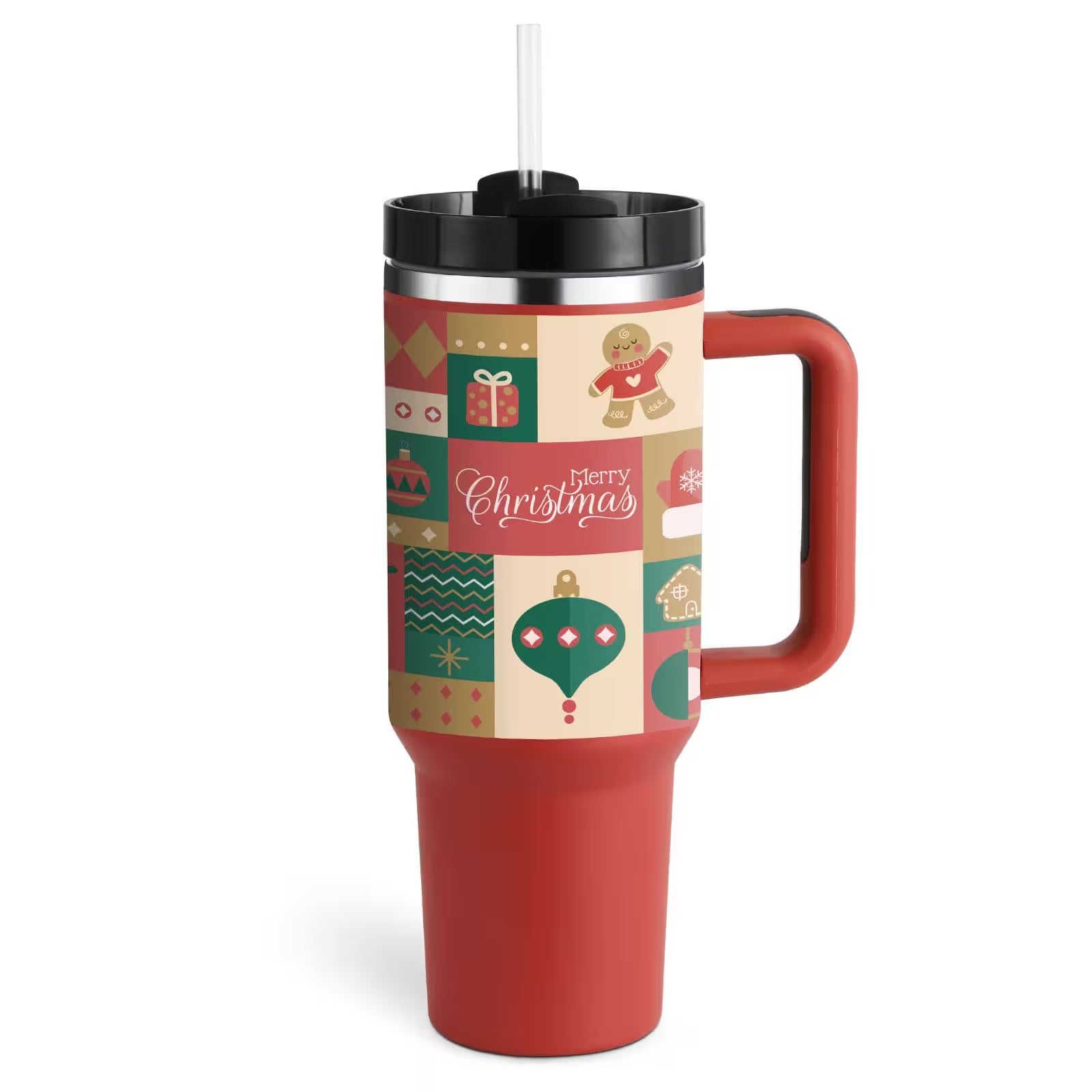 Travel mug with Christmas-themed design on a white background