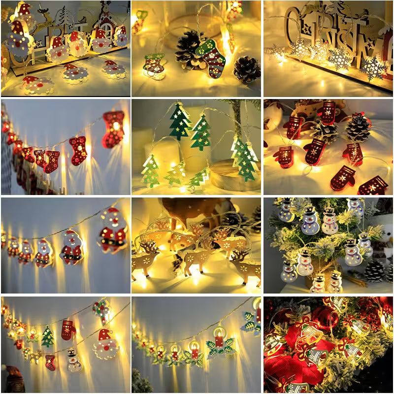 Collage of Christmas-themed string lights with various decorations.