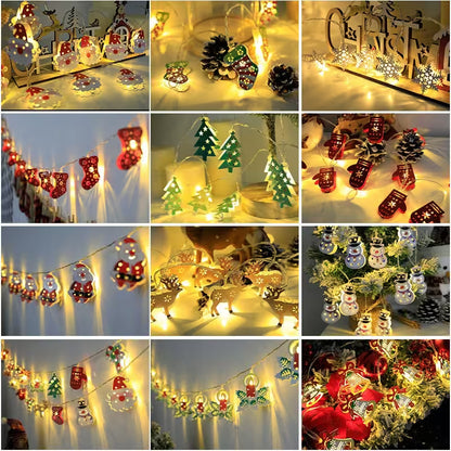 Collage of Christmas-themed string lights with various decorations.
