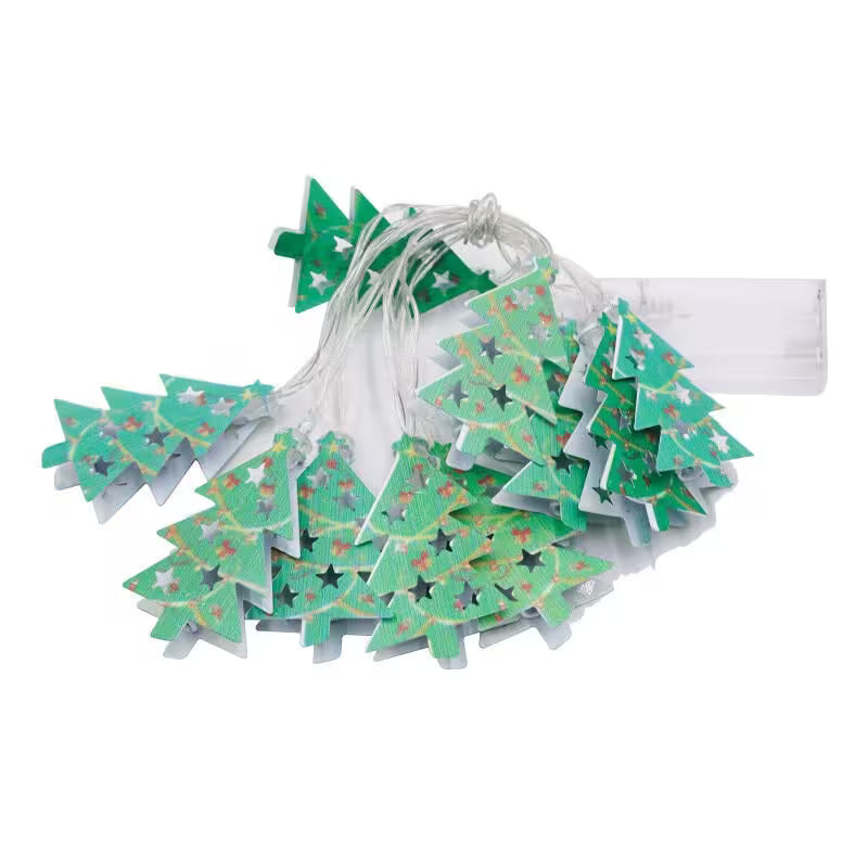 String lights with Christmas tree designs on a white background