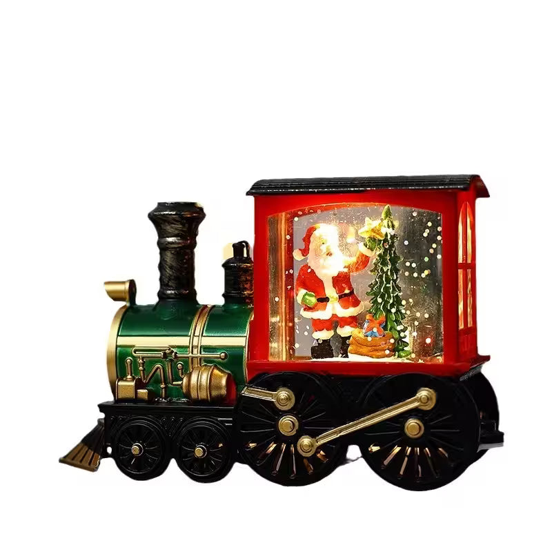 Christmas-themed train with Santa Claus and a tree inside a glass case on a white background