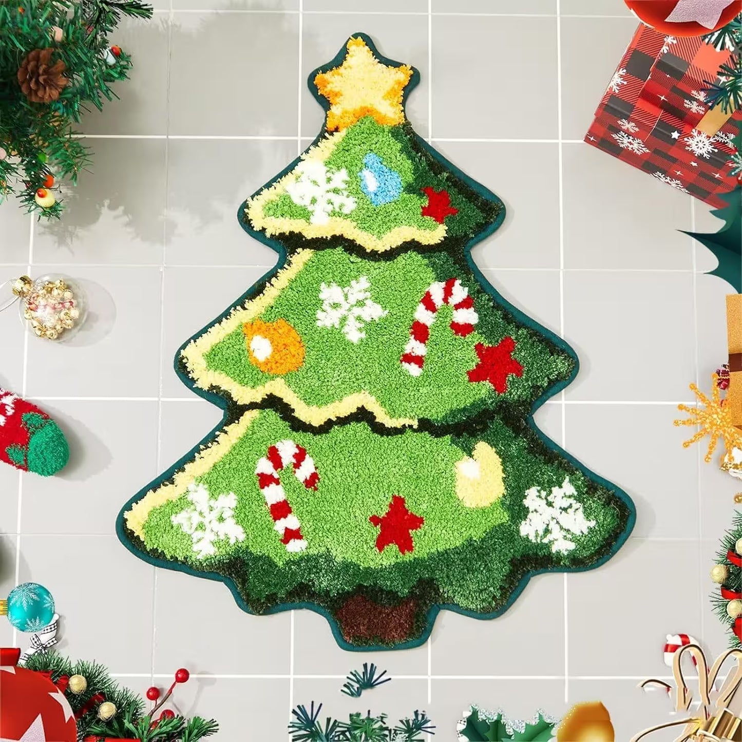 Christmas tree-shaped rug with decorative elements on a tiled floor