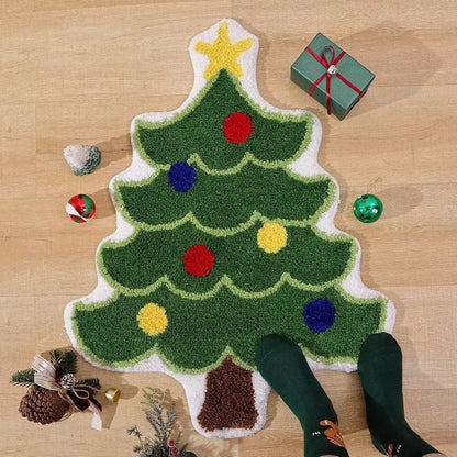 Christmas tree-shaped rug on a wooden floor with decorative items.