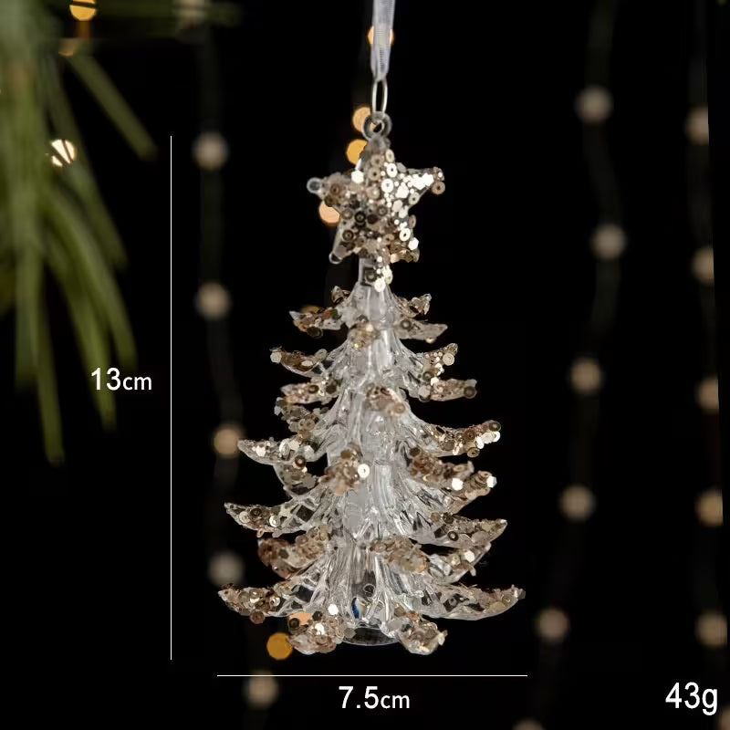 Decorative Christmas tree ornament with star on top, shown with measurements against a blurred background.