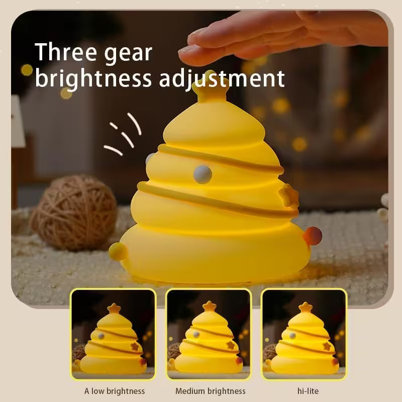 Yellow night light with three gear brightness adjustment options on a blurred background.
