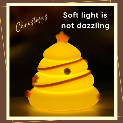 Yellow Christmas tree-shaped light with text 'Christmas' and 'Soft light is not dazzling' on a dark background.