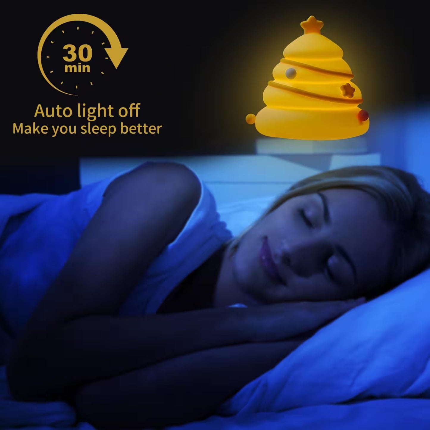Person sleeping with a night light above them, featuring text about auto-off feature.