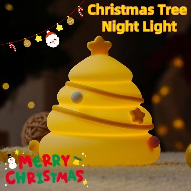 Yellow Christmas tree night light with festive decorations on a dark background