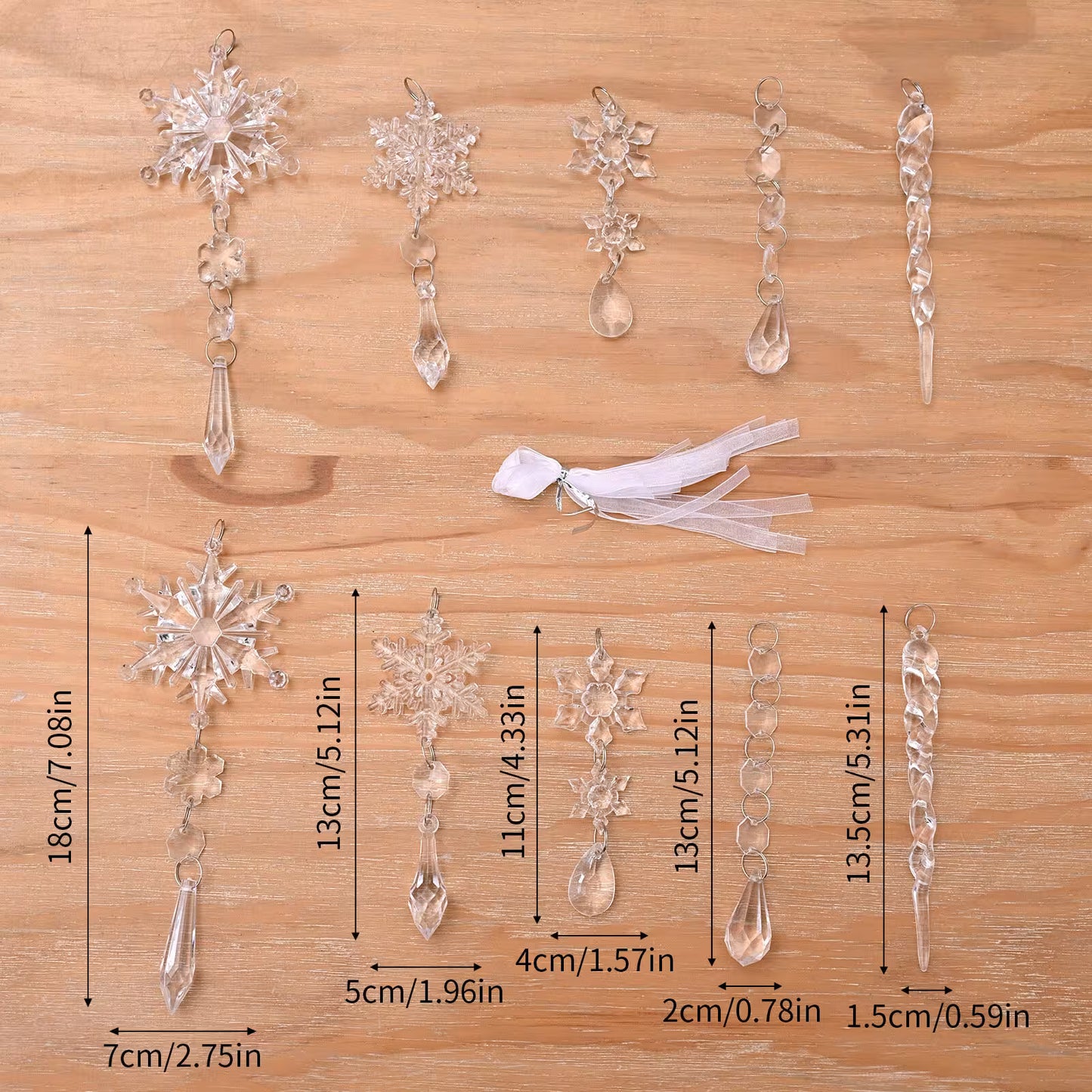 Set of crystal decorations with measurements on a wooden surface