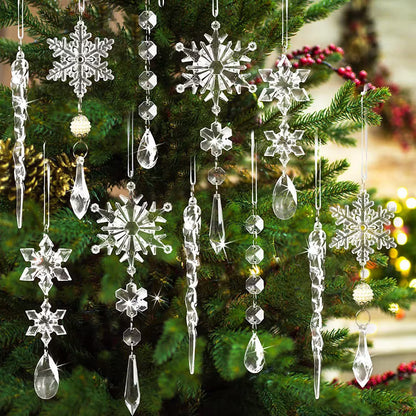 Clear crystal Christmas ornaments on a decorated tree