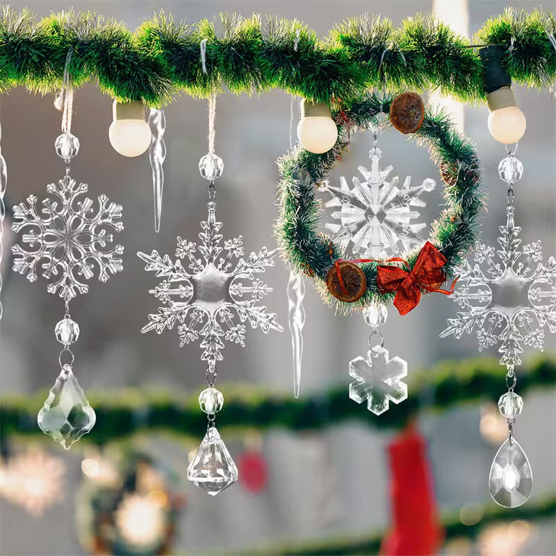 Decorative Christmas tree with snowflake ornaments and a wreath.