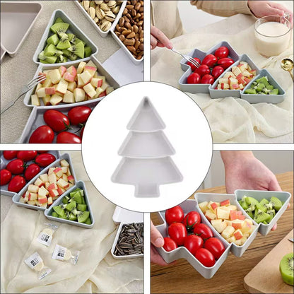 Collage of a tree-shaped food platter with fruits and vegetables, used for serving.