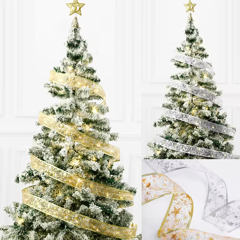 Two Christmas trees with decorative ribbons and lights on a white background
