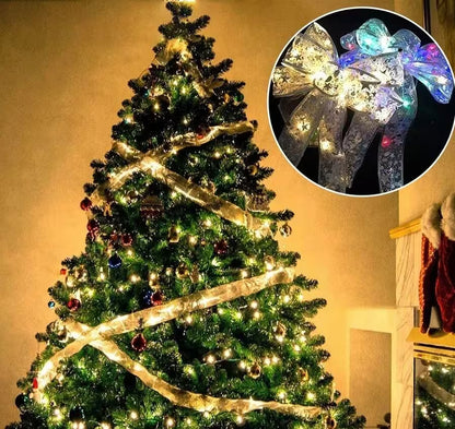Decorated Christmas tree with lights and a close-up of decorative bows.