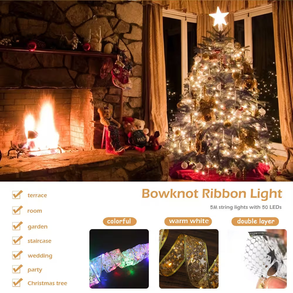 Cozy room with Christmas tree and fireplace, featuring Bowknot Ribbon Light.