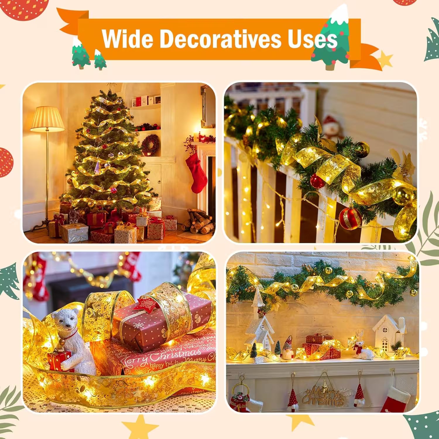 Collage of Christmas decorations with lights, including a tree, garlands, and gift boxes.