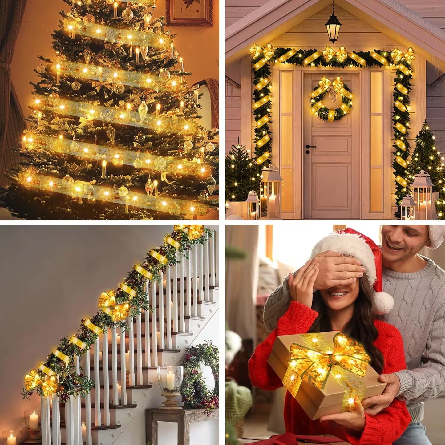 Collage of Christmas decorations including a tree, door, staircase, and people with lights.