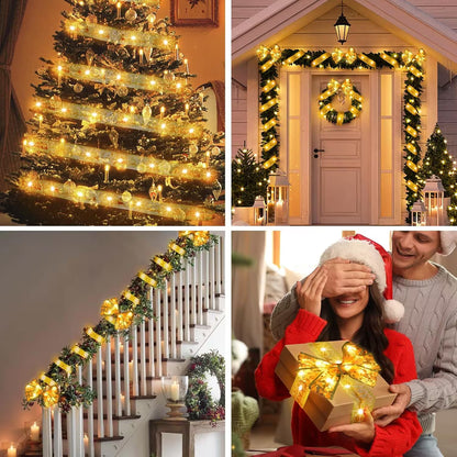 Collage of Christmas decorations including a tree, door, staircase, and people with lights.
