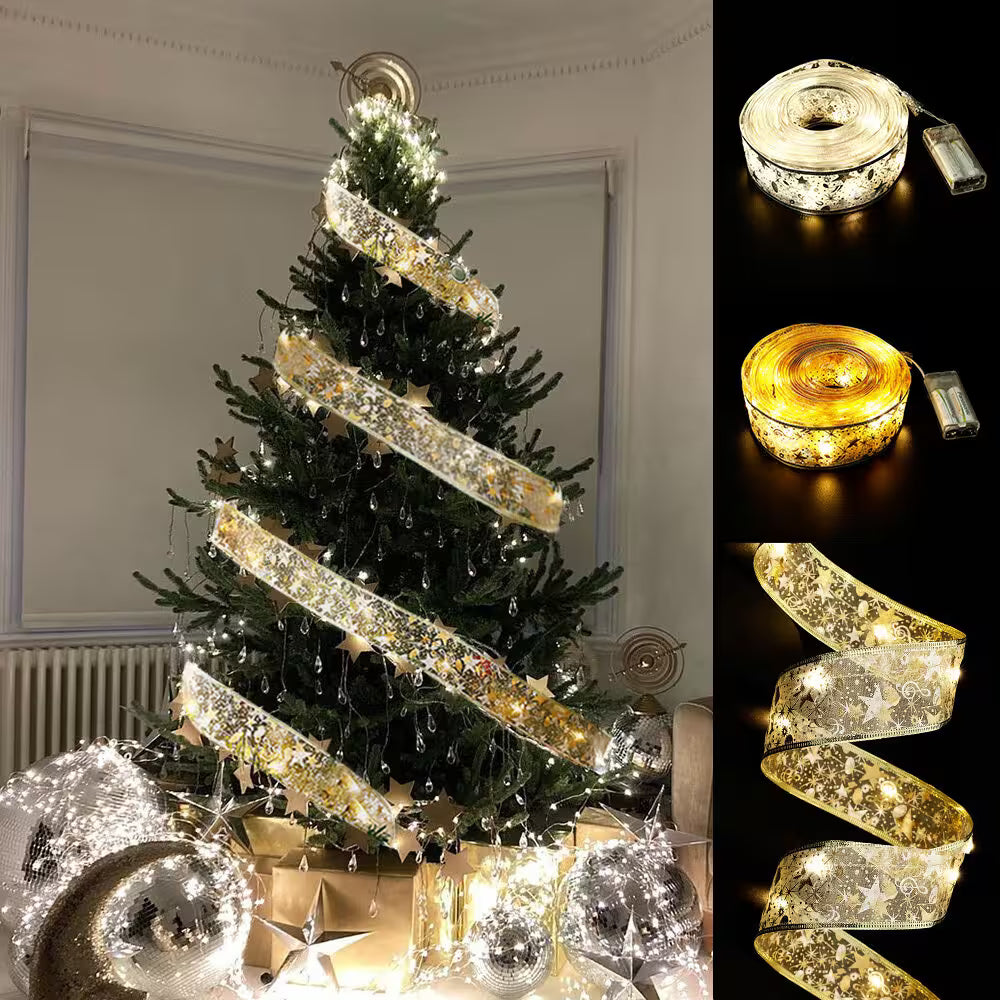 LED Christmas tree ribbon fairy lights close-up warm gold glow 8 modes