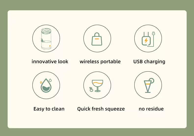Features of a product including innovative look, wireless portable, USB charging, easy to clean, quick fresh squeeze, and no residue on a green background.