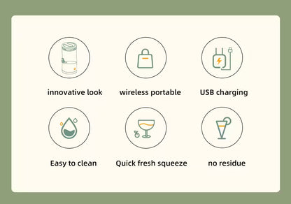 Features of a product including innovative look, wireless portable, USB charging, easy to clean, quick fresh squeeze, and no residue on a green background.