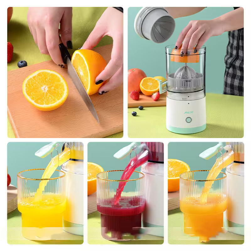 Collage of making and drinking orange juice with a manual juicer.