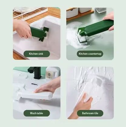 Green cleaning tool being used on kitchen sink, countertop, table, and bathroom tile.