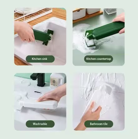 Green cleaning tool being used on kitchen sink, countertop, table, and bathroom tile.