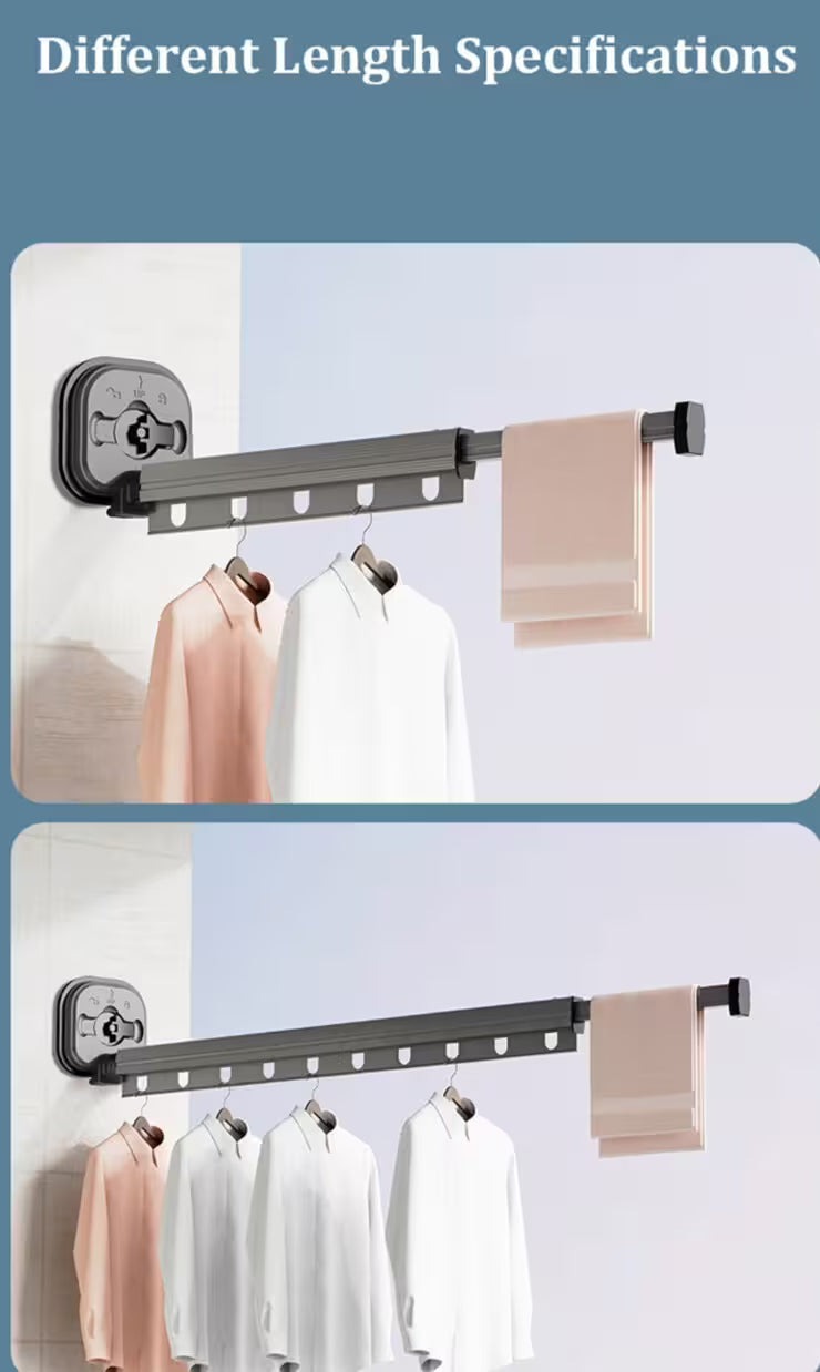 Clothing rack with different length specifications shown on a light blue background.