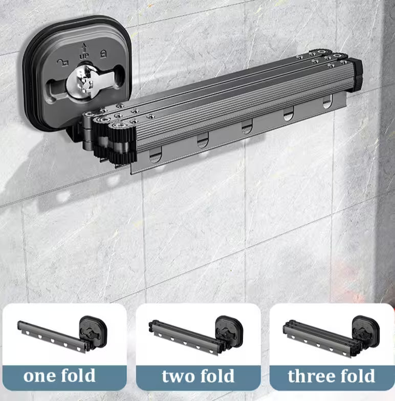 Black shower curtain rod with three fold options on a tiled wall background