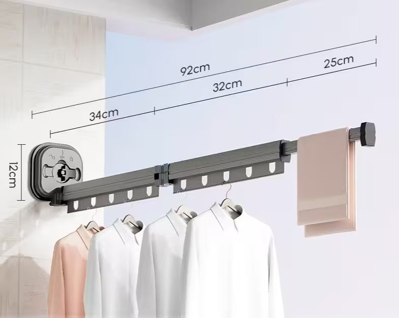 Clothing rack with dimensions displayed on a white background