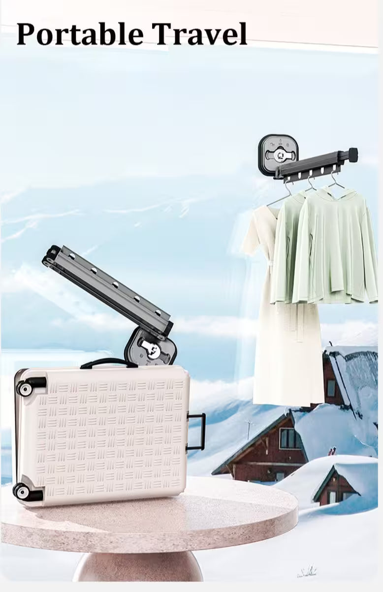 Portable travel晾衣架 with a suitcase against a snowy landscape background