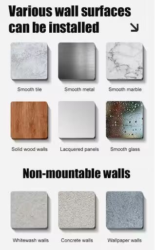 Collection of wall surface options including smooth tile, metal, marble, wood, panels, glass, and concrete.
