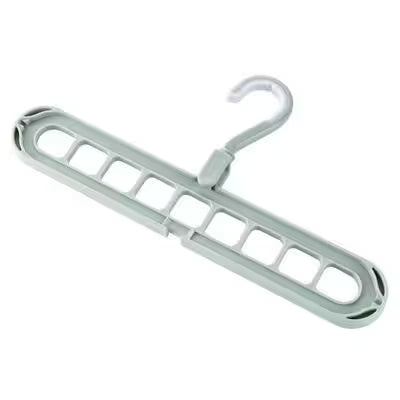 Metallic hanger with multiple hooks on a white background