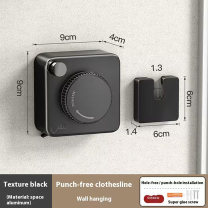 Black wall-mounted clothesline with dimensions and features on a gray background
