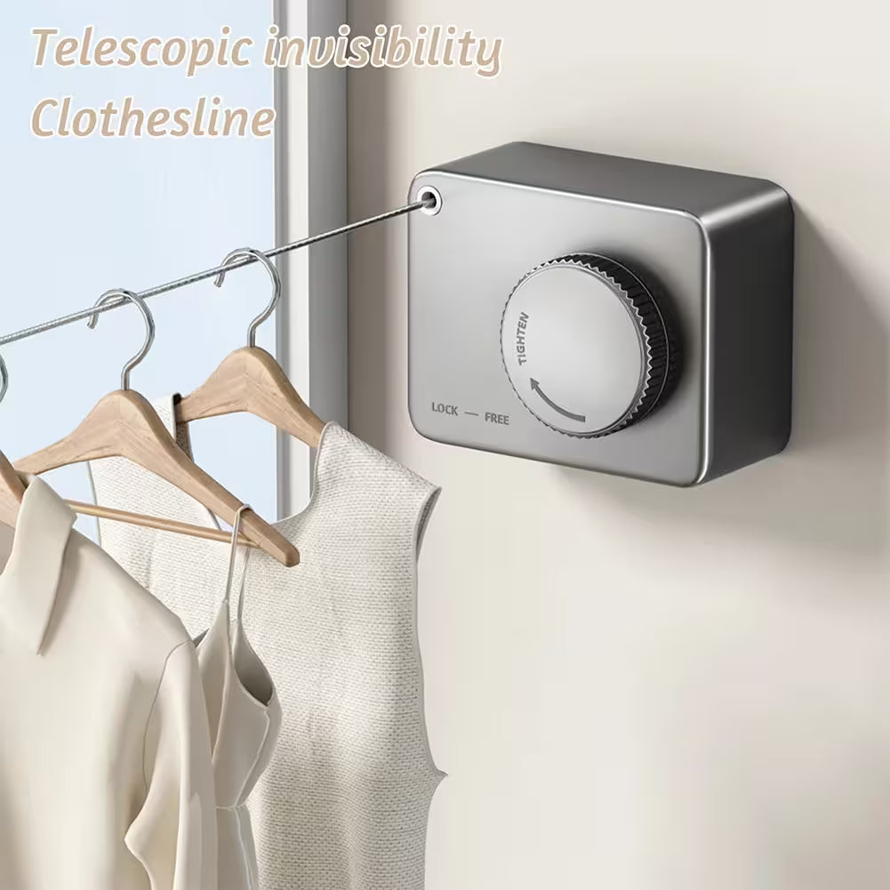 Telescopic invisibility clothesline with a switch on a wall, clothes hanging on it.